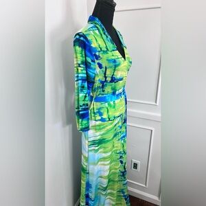 NWOT Vibrant Green & Blue Print Wrap MAXI Dress